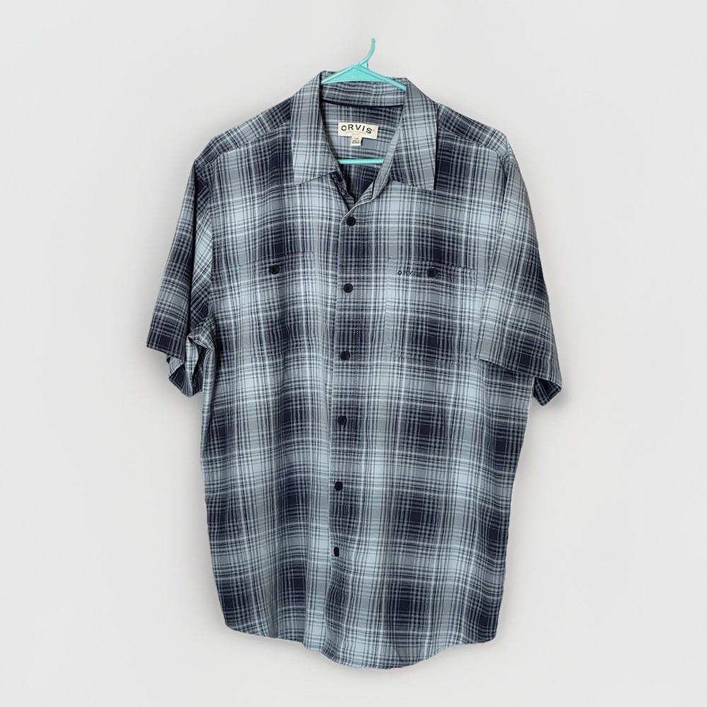 Orvis Men's Plaid Short Sleeve Button‎ Down Shirt Large Blue Casual Breathable